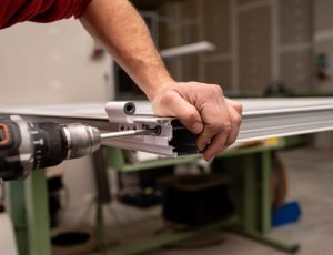 Male with a red shirt making a window with industrial tools A male with a red shirt making a window with industrial tools